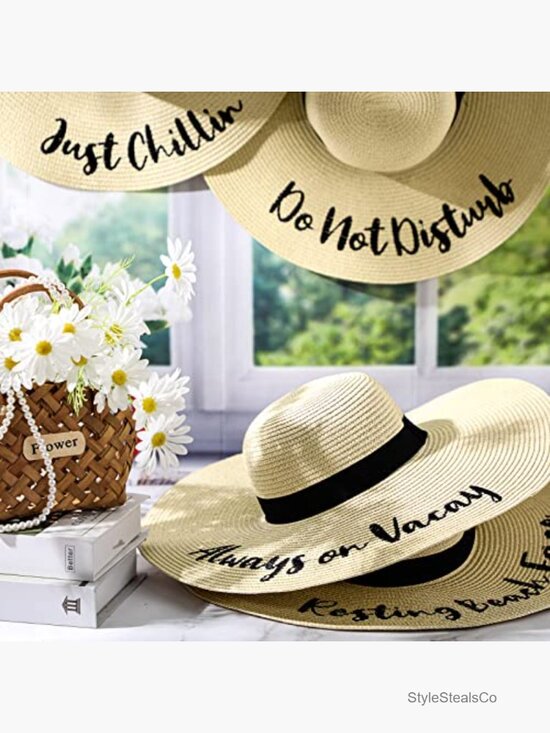 4 Pack Foldable Straw Sun Hats with Embroidered Sayings Travel Beach Hats main image 4
